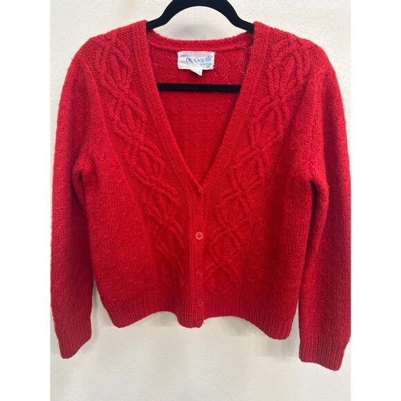 Vintage Deans Of Scotland 100% Wool Red Cropped Chunky Knit Cardigan Size Small - Picture 1 of 8